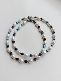 Mens pearl necklace,Blue hematite beaded y2k choker,Crystal necklace,Gemstone necklace,Boyfriend gift ideas,Real pearl necklace men by JewelryByElisForMen on Etsy Gemstone Choker, Necklace Men