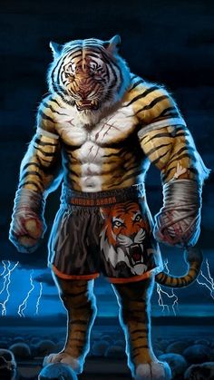 a tiger dressed up as a wrestler standing in front of some lightnings with his hands on his hips