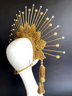 "Sun Goddess Crown Headband with Crystals, Halo Headpiece, Bridal Headdress, Virgin Mary, Saints, Burning Man, 6\" Gold Spikes, Gold Tassels READY TO SHIP A perfect halo crown just for you! This crown is lovingly handmade and very sturdy. Each spike is drilled into the headband and then anchored. Then I have carefully wrapped and woven them to be completely secured. These are not just stuck onto the top of the headband with glue. It is a long process to make these headbands perfect! These are ma Surrealist Party, Sun Goddess Crown, Virgin Mary Costume, Mary Costume, Sun Crown, Sun Outfit, Shifting Board, Oc Clothes, Halo Headpiece