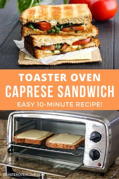 toaster oven caprese sandwich with text overlay