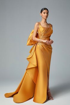 Draped bodice bow detailed overlay gown - HerTrove Hufflepuff Gown, Dress Top Designs, 2023 Gowns, Brocade Evening Dress, Elegant Evening Dresses, Elegant Evening Dress, Couture Evening Dress, Beautiful Evening Dresses, Draped Bodice