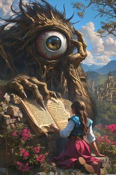 a woman sitting on top of a rock next to a giant monster head holding an open book