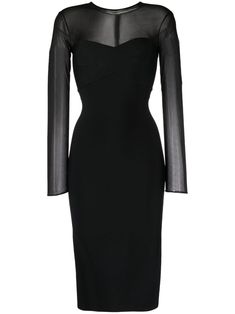 black stretch-design sheer panelling crew neck concealed rear zip fastening long sleeves knee-length Balck Dress, Sheer Long Sleeve Dress, Black Pencil Dress, Designer Midi Dresses, Purple Mini Dresses, Womens Cocktail Dresses, Fashion Aesthetics, Green Midi Dress, Sheer Sleeves