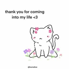 a white cat with pink flowers on its head and the words thank you for coming into my