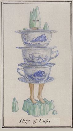 a drawing of a woman standing on top of stacked bowls