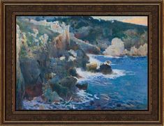 an oil painting of the ocean with rocks and cliffs in the foreground, on a brown frame