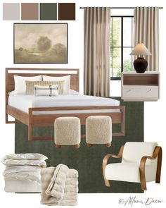 a bedroom is shown with neutrals and greens