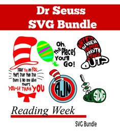 the dr seuss svg bundle is shown in red, white and green colors