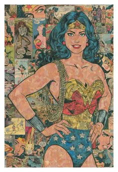 a painting of a woman with blue hair wearing a wonder costume and surrounded by comic books