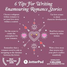 a poster with the words tips for writing enamoing romance stories