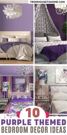 purple and white bedroom decor with text overlay that reads 10 purple themed bedroom decor ideas