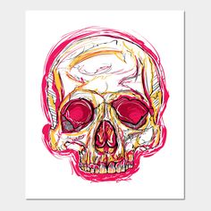 a drawing of a skull with red glasses