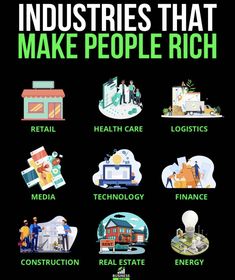 an advertisement with the words, industry that make people rich in green and black colors