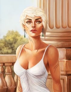 a painting of a woman with blonde hair and green earrings, wearing a white dress