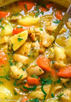 a close up of a bowl of soup with chicken and veggies in it