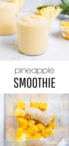 pineapple smoothie in a blender with the text overlay that says pineapple smoothie