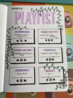 Floral bullet journal playlist spread Journal Calander Page, What To Write In A Journal Ideas Diaries, My Playlist Journal, About Myself Journal Ideas, Journal Sketches Aesthetic, Things I Like, Lined Notebook Ideas, First Page Of Sketchbook Ideas Aesthetic, Ideas For Drawing Sketches