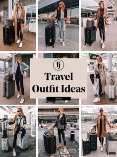 travel outfit ideas for women in the fall and winter, including coats, jackets, jeans, sneakers