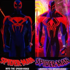 spider - man into the spider - verse movie poster is shown in three different colors