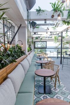 an indoor seating area with plants on the wall