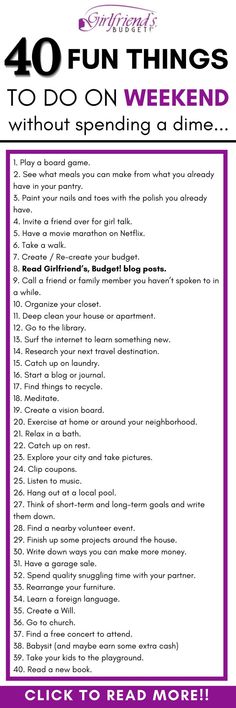 a purple and white flyer with the words, 40 fun things to do on weekend without spending