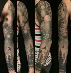 three different views of a man's arm with trees and planets in the sky