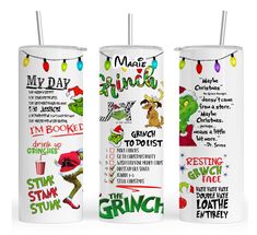 three white tumbles with christmas themed writing on them and the names of each beverage