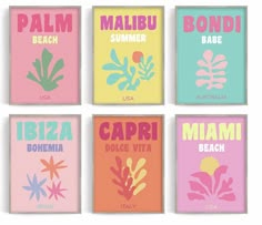 six colorful posters with the names of different countries in each one, including palm trees and flowers