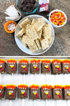 a table with crackers, candy bars and turkey treats