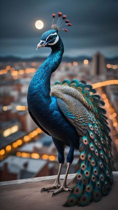 a peacock standing on top of a roof next to a cityscape at night