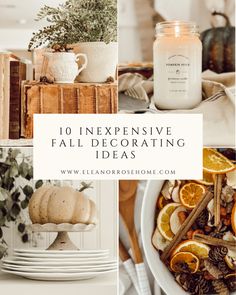 a collage of fall decorating ideas with oranges, pumpkins and candles