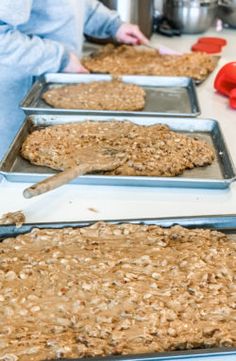 several pans filled with oatmeal sitting on top of a counter