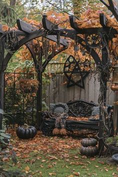 an outdoor garden with lots of pumpkins on the ground and trees in the background