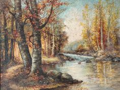 an oil painting of a stream in the woods