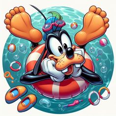 an image of goofy duck floating in the water with life rings and bubbles around him