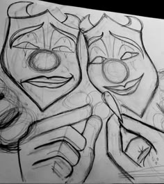 a drawing of two clowns holding each other's hands with their mouths open