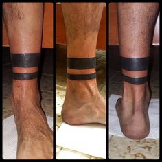 three different views of a man's bare feet with black strips on them and the bottom part of his leg