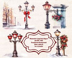 various street lamps and lights with bows on them in watercolor style, including one for christmas