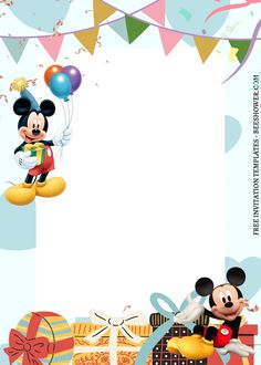 a mickey mouse birthday card with balloons and presents in front of an empty white background