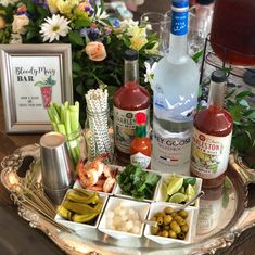 a tray filled with different types of food and drinks