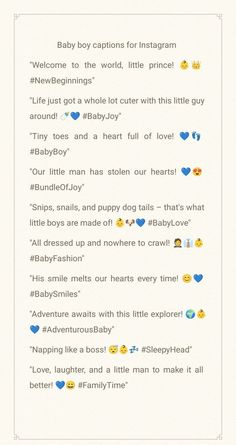 the baby caption for instagrams is shown in blue and white with emoticions on it