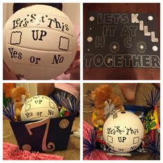 there are four different pictures of volleyballs and balls in this collage, each with their own message