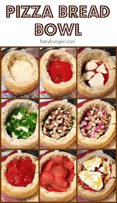 several different types of pizza bread bowls