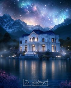 a large white house sitting on top of a lake under a sky filled with stars