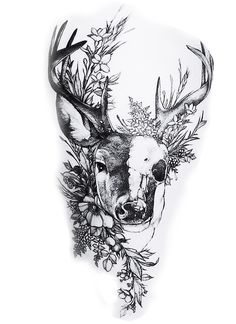 a drawing of a deer with antlers and flowers on it's back shoulder