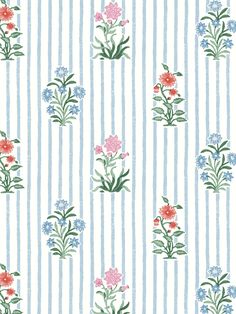 a blue and white striped wallpaper with flowers