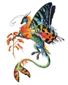 a colorful dragon sitting on top of a flower next to another dragon's tail