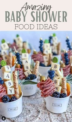 baby shower food ideas with the title saying amazing baby shower food ideas in small buckets