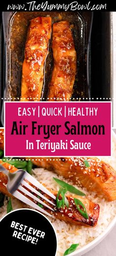 air fryer salmon fillets in teriyaki sauce with text overlay that reads easy quick healthy air fryer salmon in teriyaki sauce