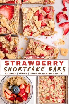 strawberry shortcake bars cut into squares and topped with fresh strawberries